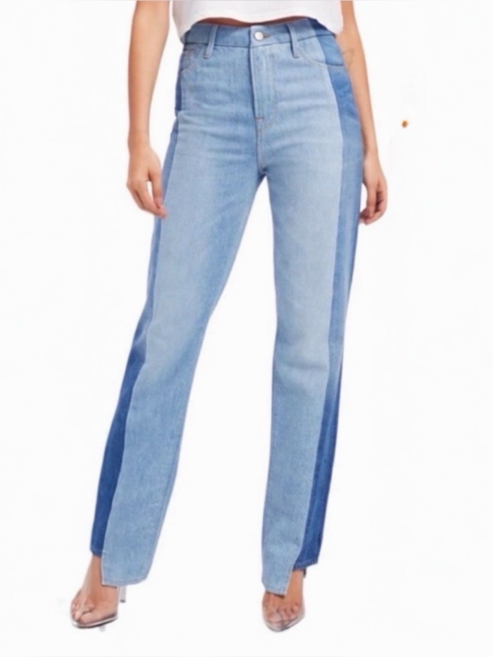 Good American Two-Tone Blue Straight Leg Jeans